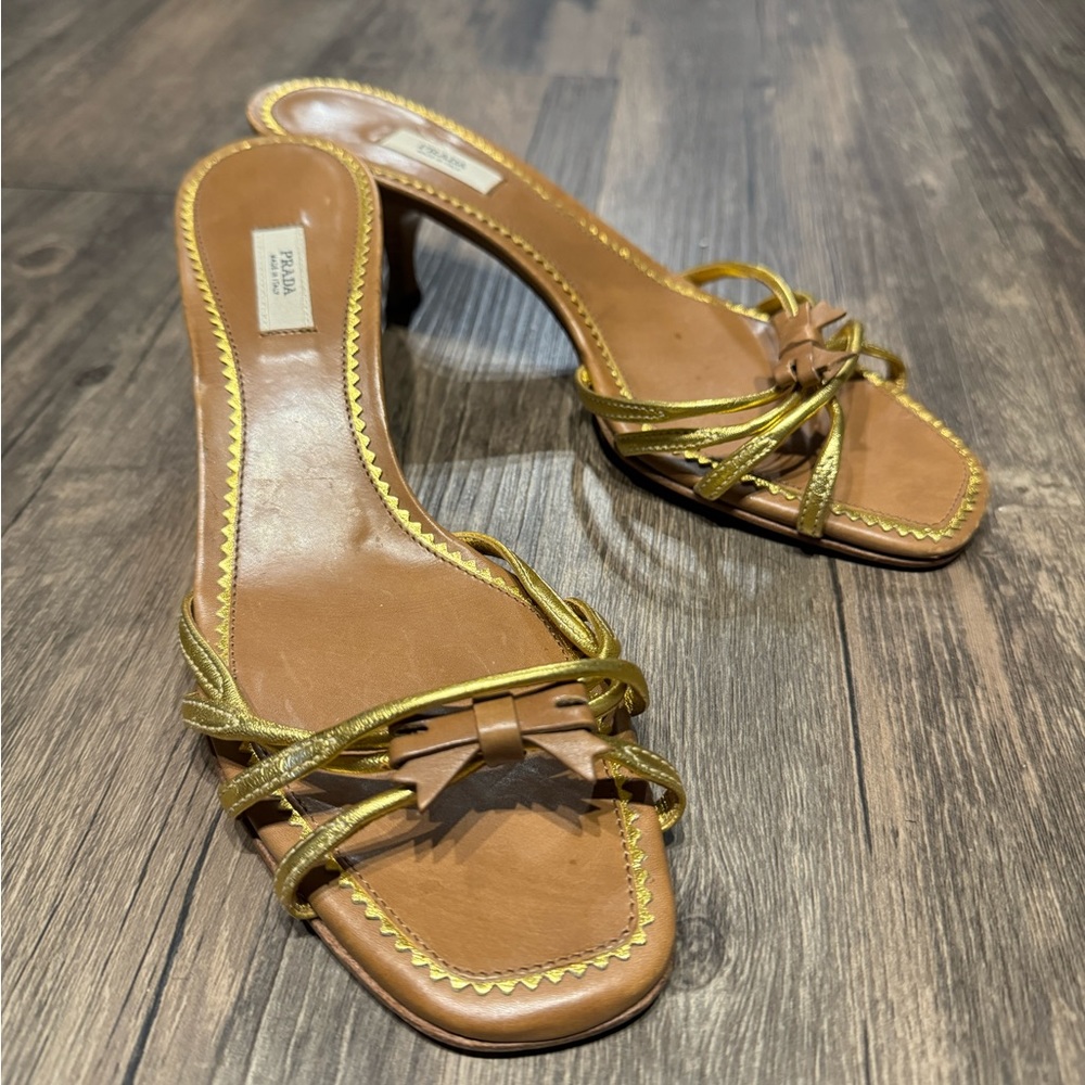 Vintage Prada tan and gold bow kitten heel mule sandals